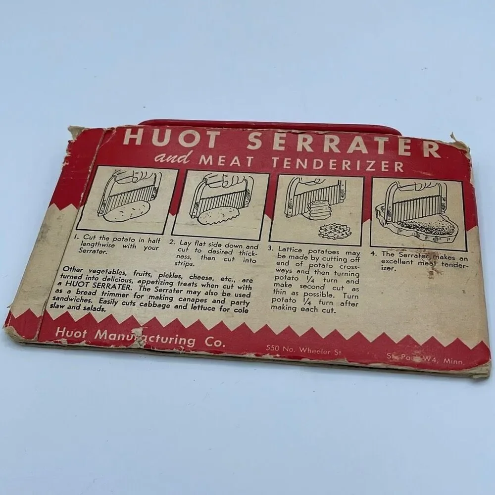 Vintage Huot Serrater and meat tenderizer in original packaging.